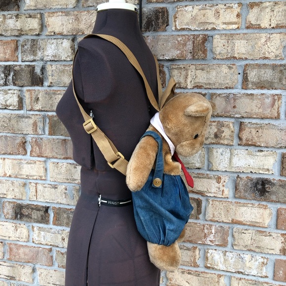 Vintage Unisex Teddy Bear in overalls Red Tie Kids Teddy Plush Backpack - Picture 14 of 16